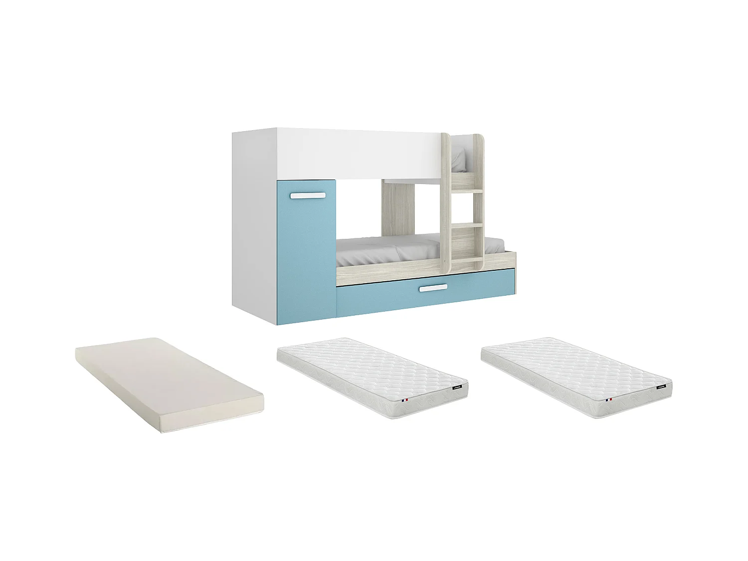 Litera con compartimentos 3 x 90 x 190 cm - Blanco natural y azul + colchón - ANTHONY
