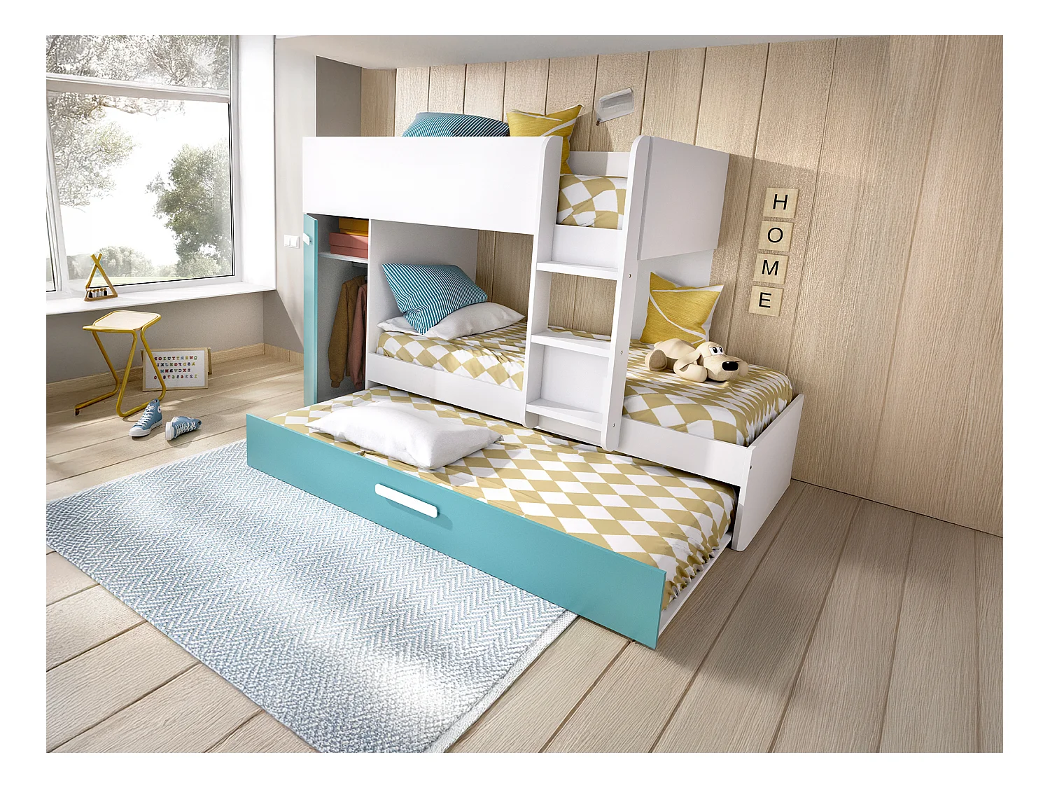 Litera con compartimentos 3 x 90 x 190 cm - Blanco natural y azul + colchón - ANTHONY