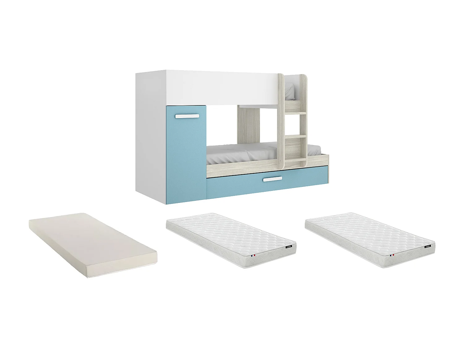 Beliche com gaveta cama dupla e com espaços de arrumação 3x90x190 cm cor branco, natural e azul + Colchões - ANTHONY