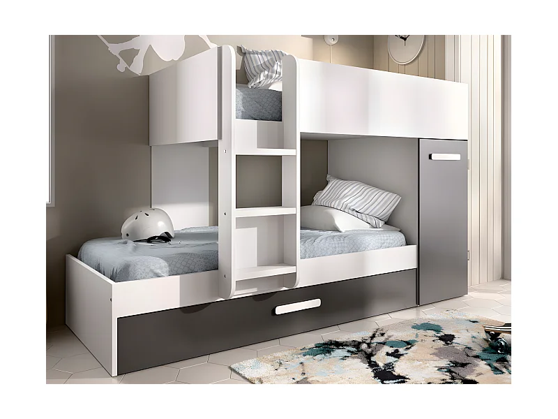 Lits superposés avec tiroir lit gigogne et rangements 3 x 90 x 190 cm - Anthracite et Blanc + matelas - ANTHONY