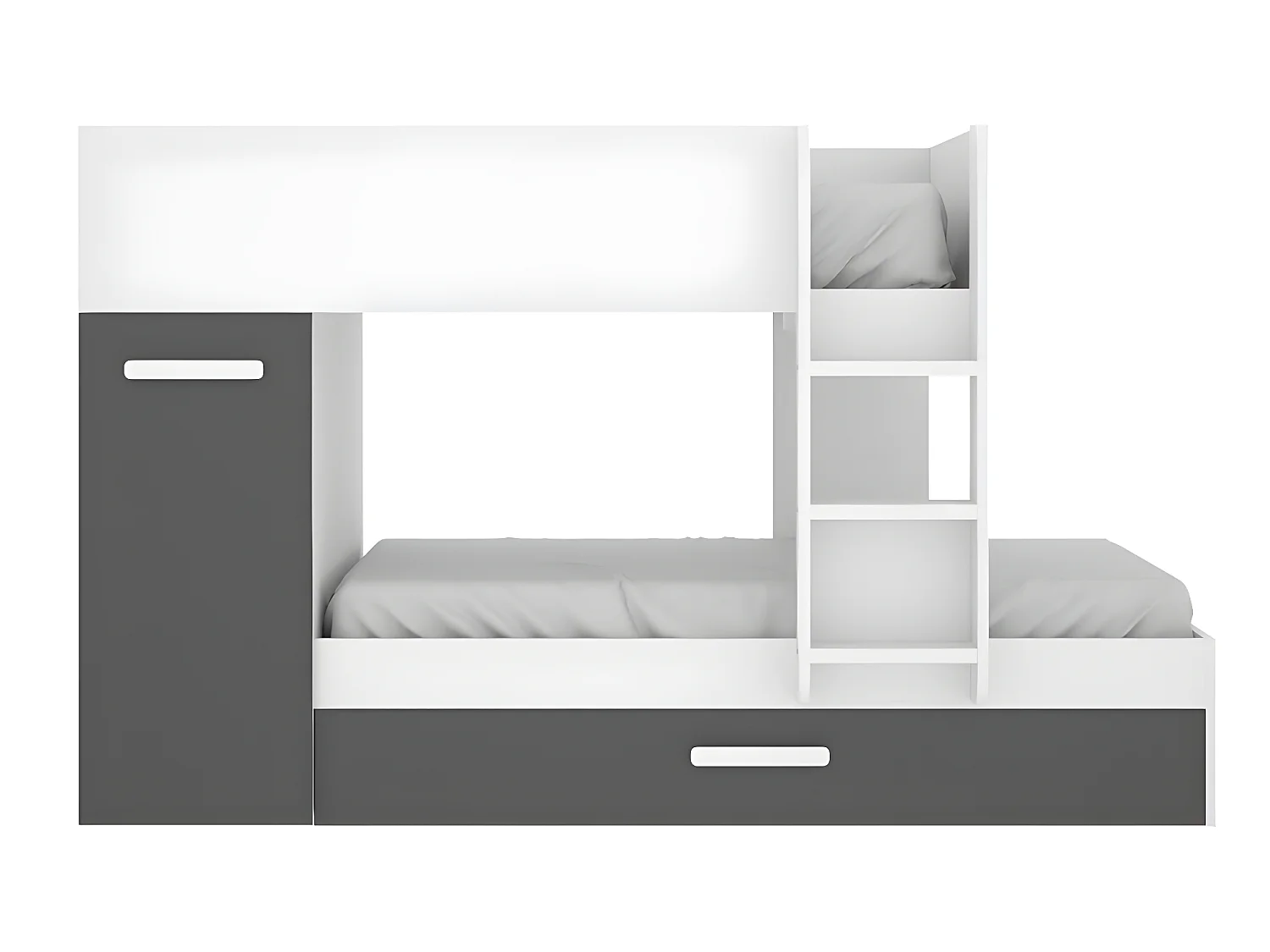 Lits superposés avec tiroir lit gigogne et rangements 3 x 90 x 190 cm - Anthracite et Blanc + matelas - ANTHONY