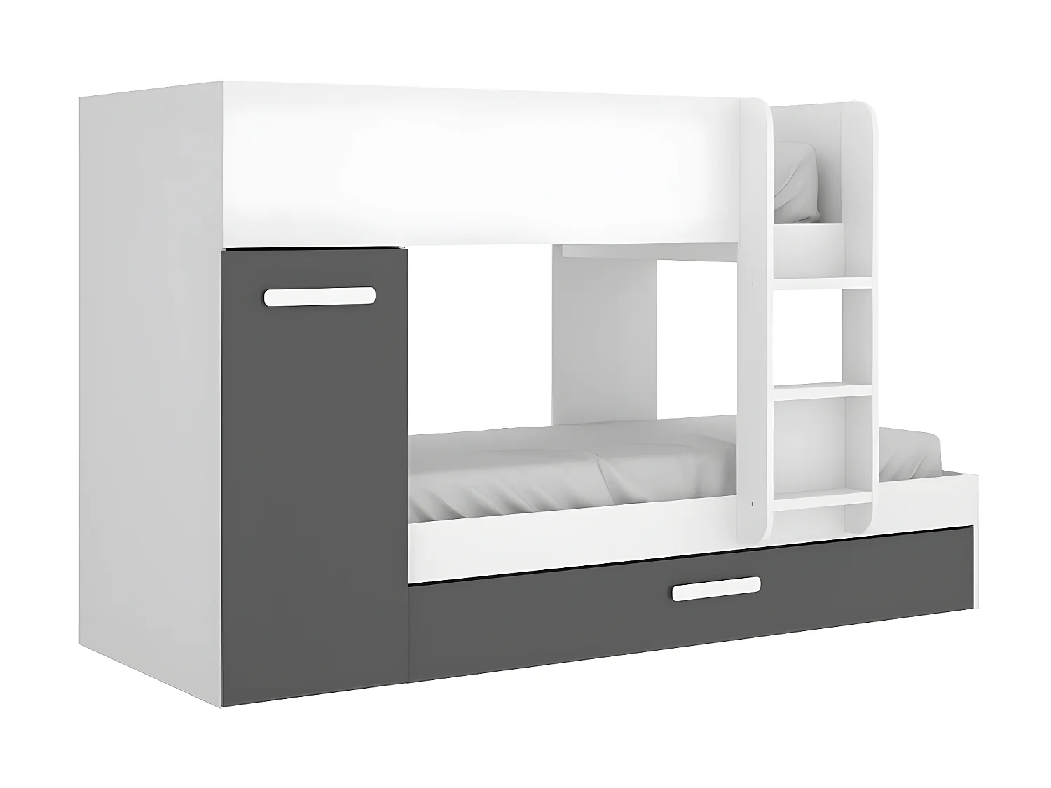 Lits superposés avec tiroir lit gigogne et rangements 3 x 90 x 190 cm - Anthracite et Blanc + matelas - ANTHONY