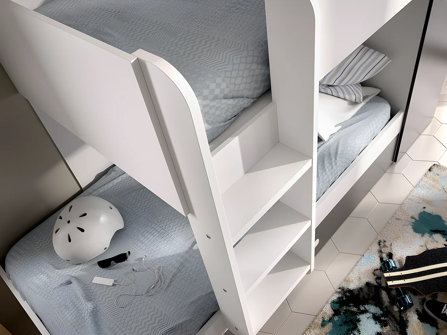 Lits superposés avec tiroir lit gigogne et rangements 3 x 90 x 190 cm - Anthracite et Blanc + matelas - ANTHONY