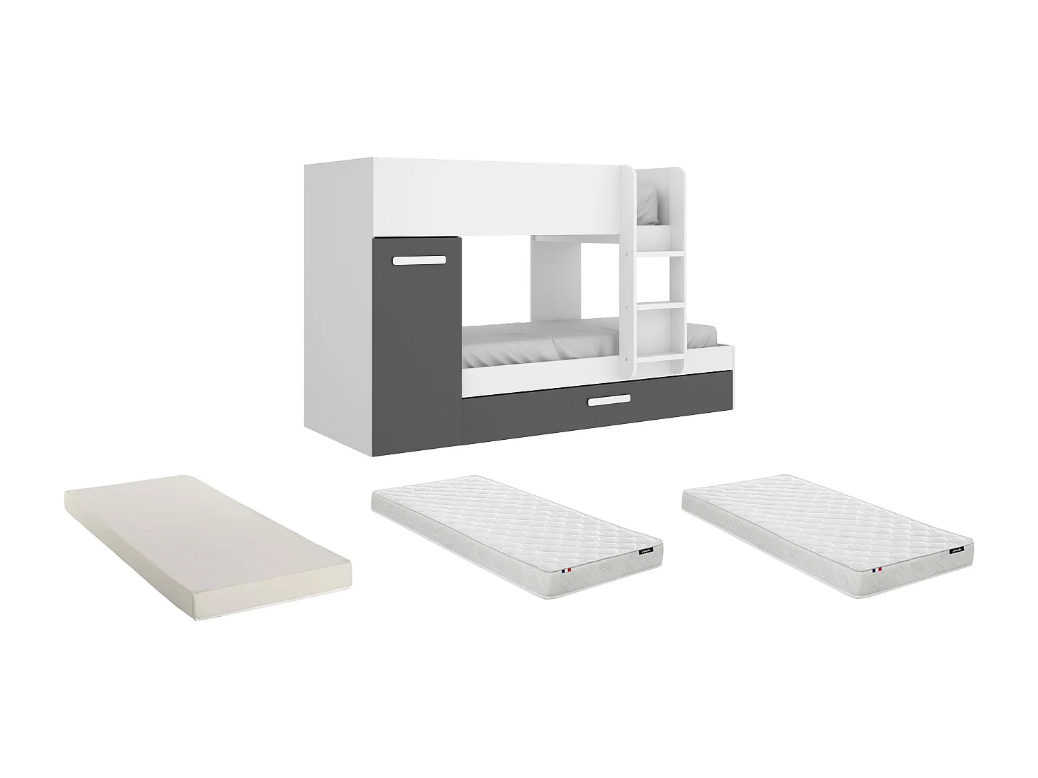 Lits superposés avec tiroir lit gigogne et rangements 3 x 90 x 190 cm - Anthracite et Blanc + matelas - ANTHONY