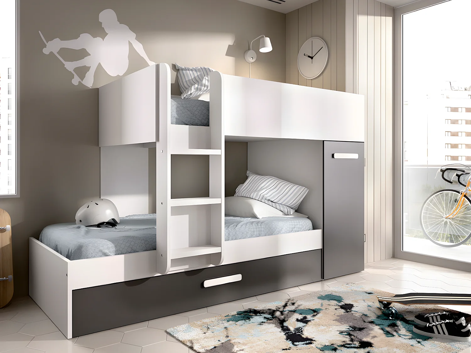Lits superposés avec tiroir lit gigogne et rangements 3 x 90 x 190 cm - Anthracite et Blanc + matelas - ANTHONY