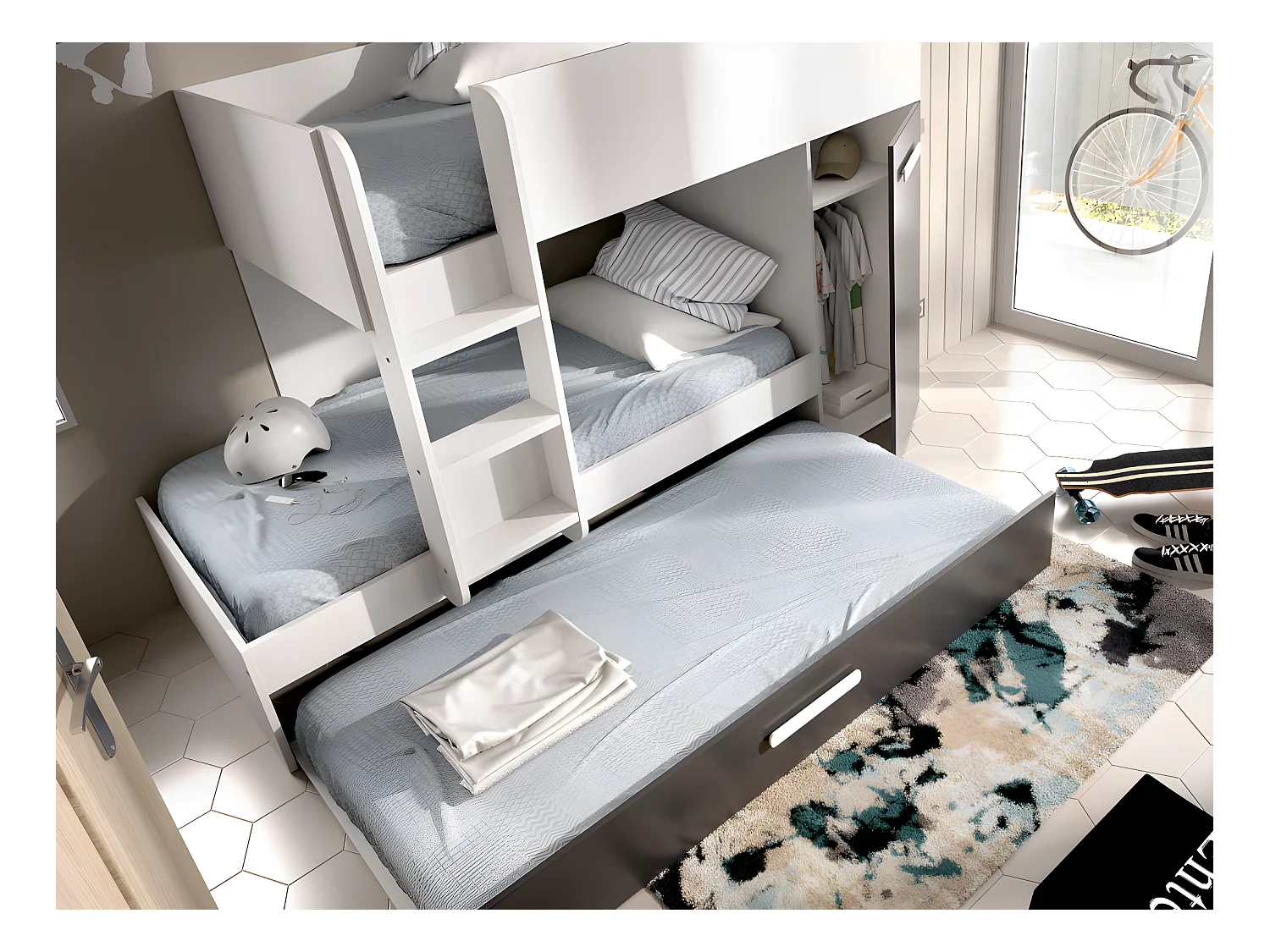 Litera con compartimentos 3 x 90 x 190 cm - Antracita y blanco + colchón - ANTHONY