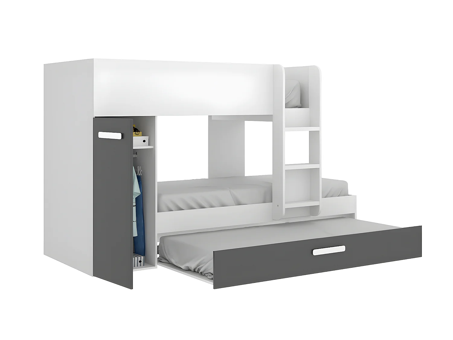 Litera con compartimentos 3 x 90 x 190 cm - Antracita y blanco + colchón - ANTHONY