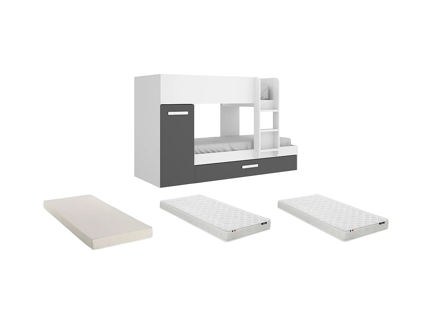 Litera con compartimentos 3 x 90 x 190 cm - Antracita y blanco + colchón - ANTHONY
