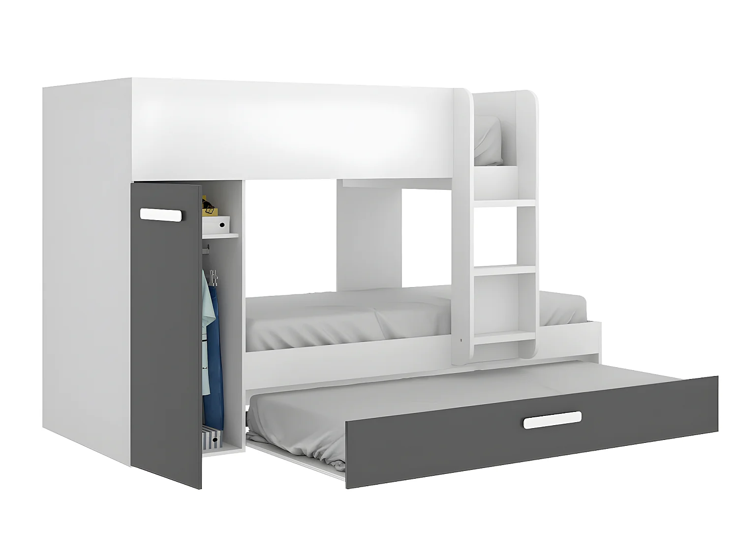 Etagenbett Ausziehbett mit Stauraum + Matratzen - 3x 90 x 190 cm - Weiß & Anthrazit - ANTHONY