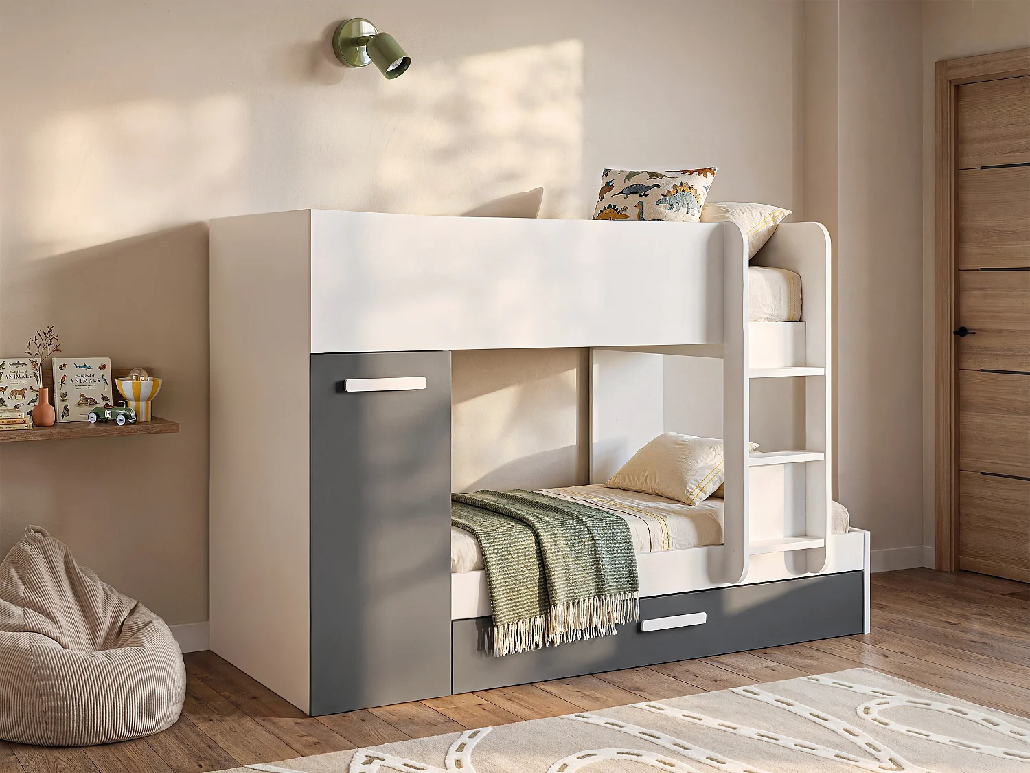 Etagenbett Ausziehbett mit Stauraum + Matratzen - 3x 90 x 190 cm - Weiß & Anthrazit - ANTHONY