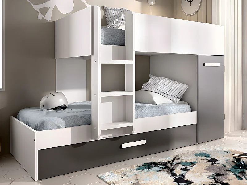 Beliche com gaveta cama dupla e com espaços de arrumação 3x90x190 cm cor antracite e branco + Colchões - ANTHONY