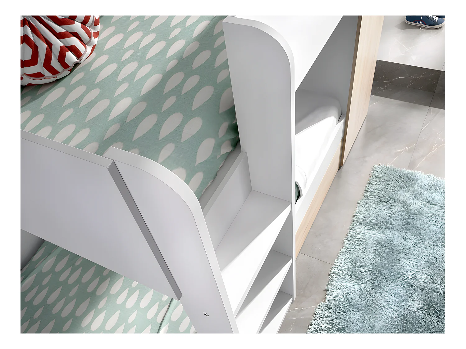 Łóżko piętrowe z ze skrzynią , 3 × 90 × 190 cm – kolor biało-naturalny, z materacem - ANTHONY