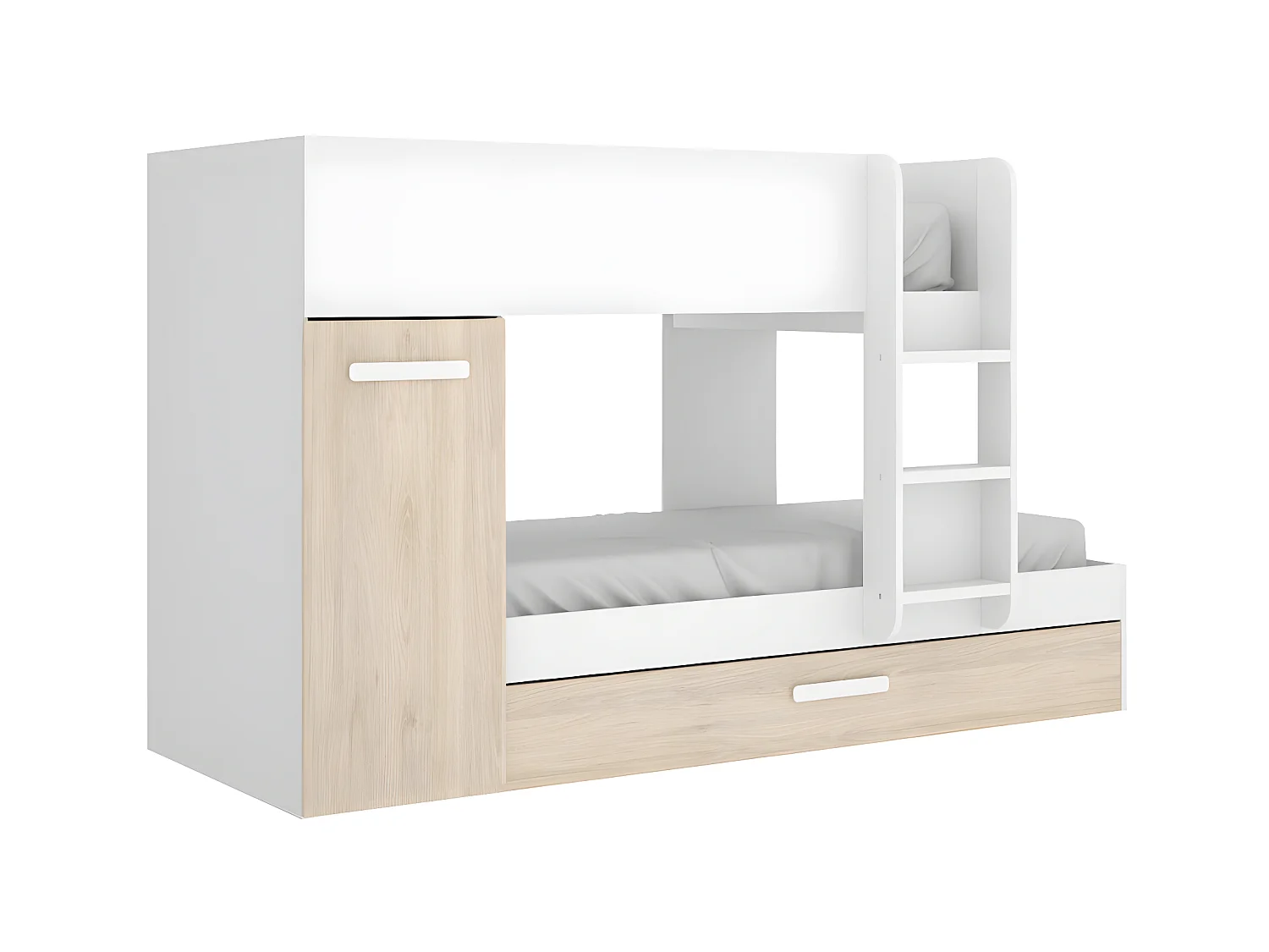 Łóżko piętrowe z ze skrzynią , 3 × 90 × 190 cm – kolor biało-naturalny, z materacem - ANTHONY