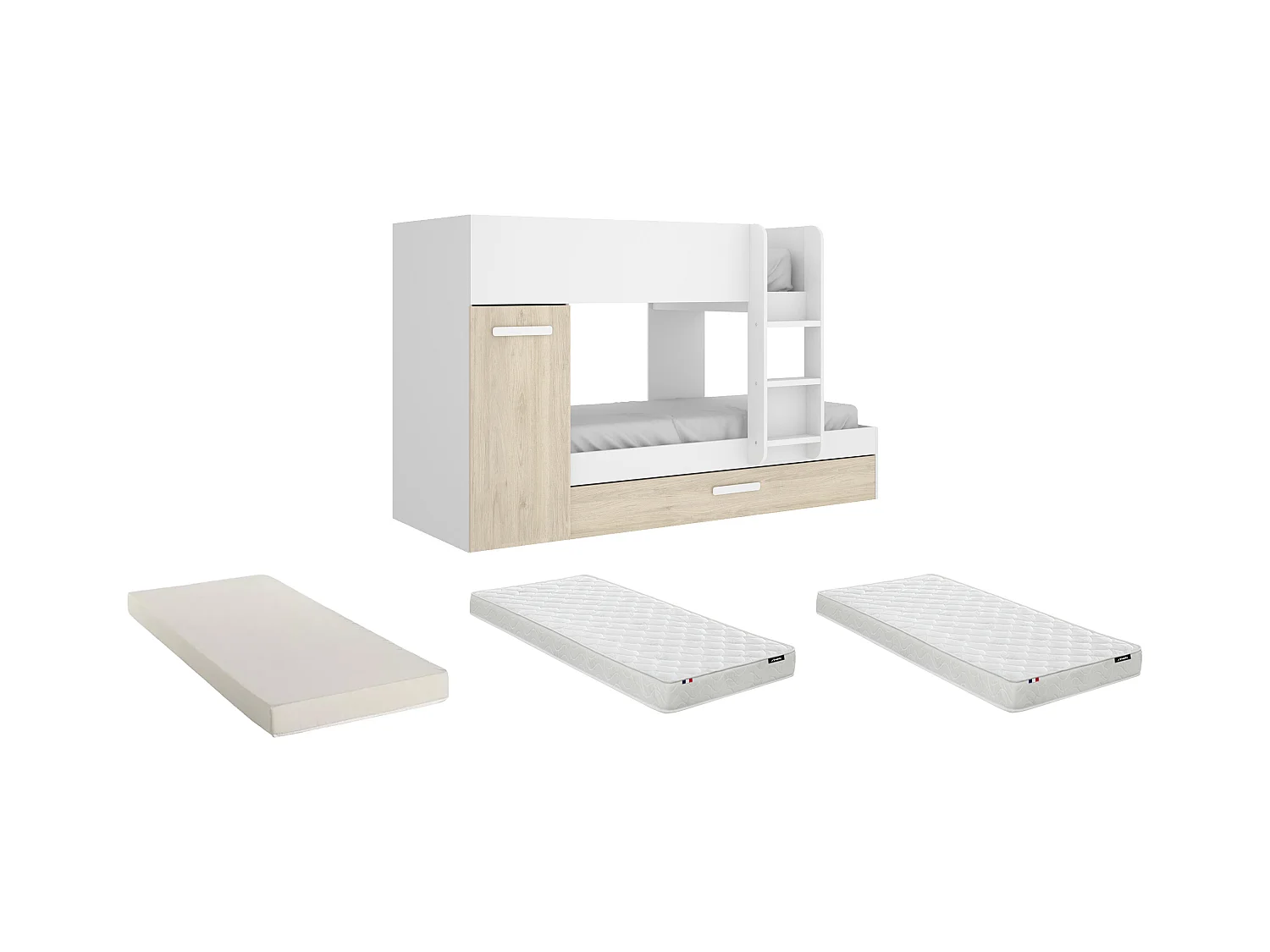 Łóżko piętrowe z ze skrzynią , 3 × 90 × 190 cm – kolor biało-naturalny, z materacem - ANTHONY