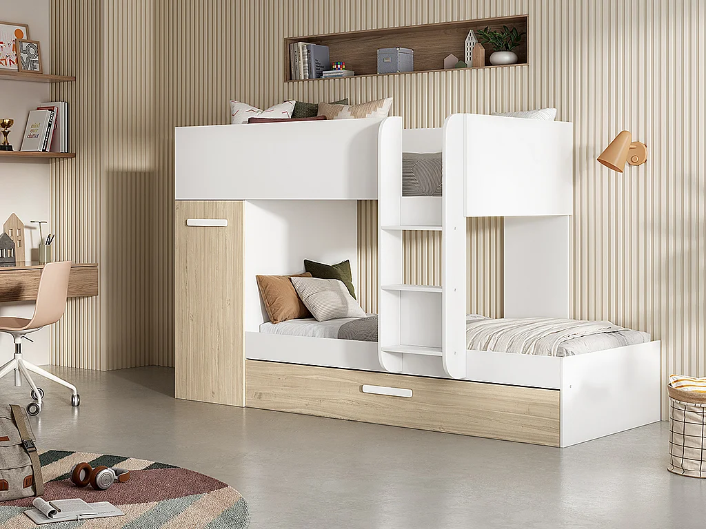 Lits superposés avec tiroir lit gigogne et rangements 3 x 90 x 190 cm - Blanc et Naturel + matelas - ANTHONY