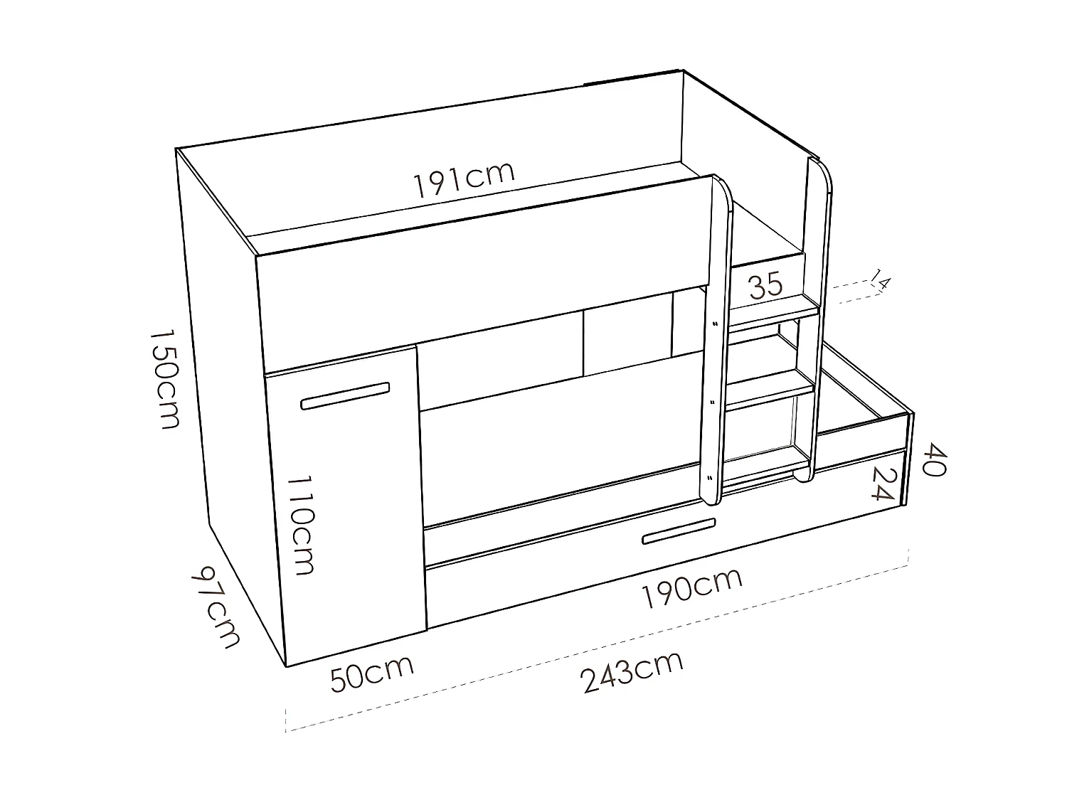 Stapelbed met onderschuifbed ANTHONY met opbergruimte 3x90x190cm - Kleuren: Wit en eik + Matras