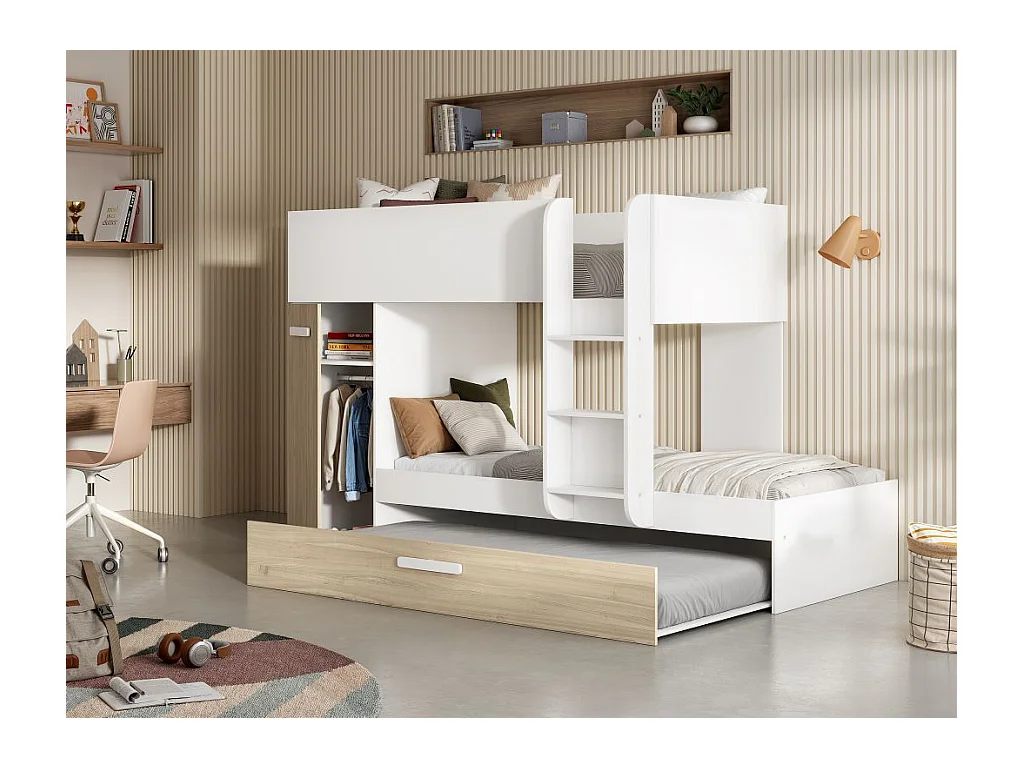 Stapelbed met onderschuifbed ANTHONY met opbergruimte 3x90x190cm - Kleuren: Wit en eik + Matras