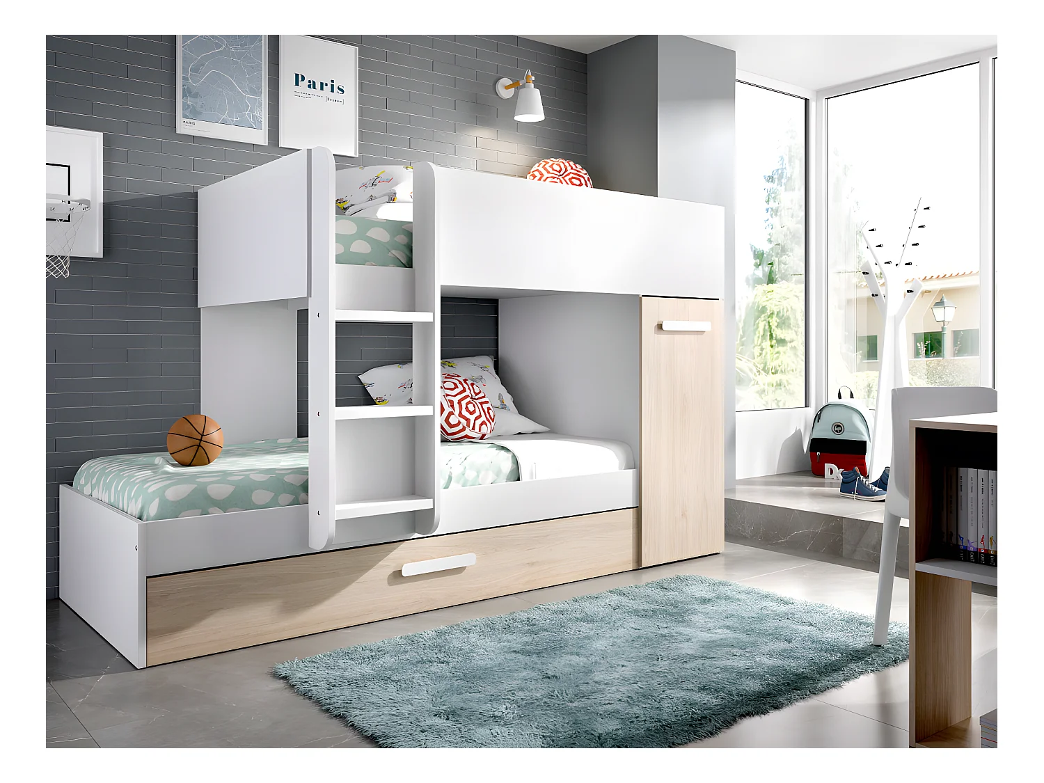 Stapelbed met onderschuifbed ANTHONY met opbergruimte 3x90x190cm - Kleuren: Wit en eik + Matras