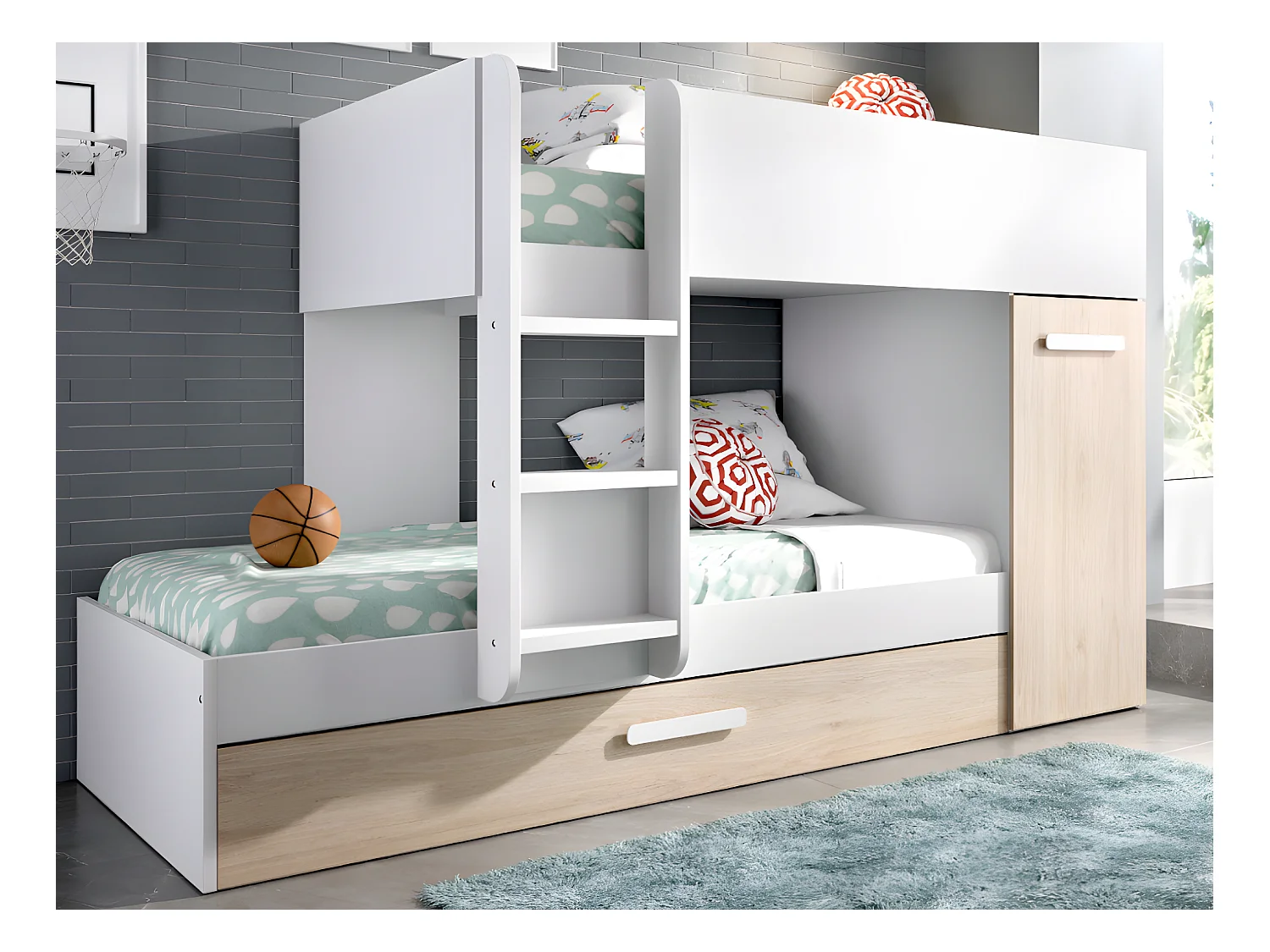 Stapelbed met onderschuifbed ANTHONY met opbergruimte 3x90x190cm - Kleuren: Wit en eik + Matras