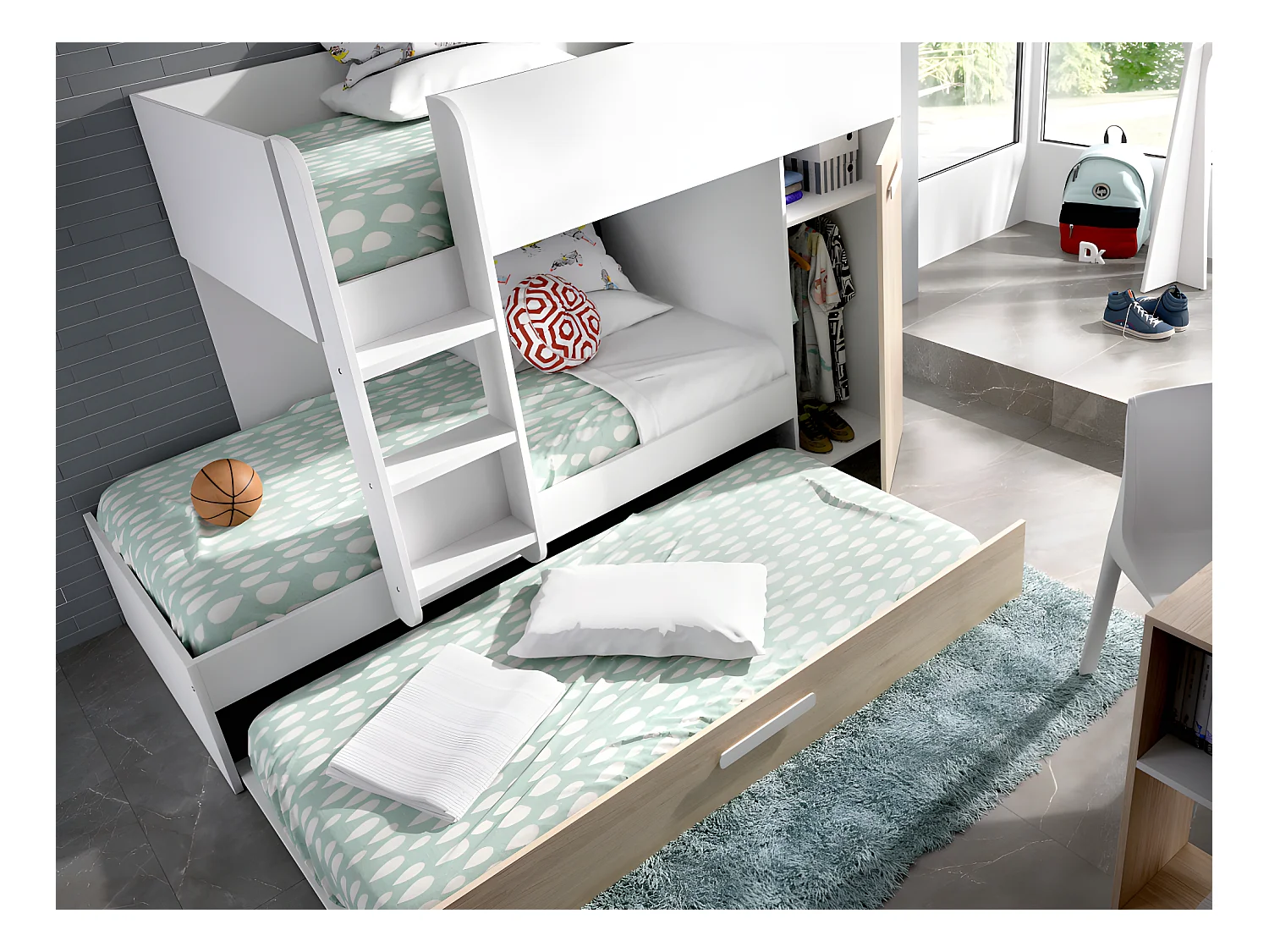 Stapelbed met onderschuifbed ANTHONY met opbergruimte 3x90x190cm - Kleuren: Wit en eik + Matras