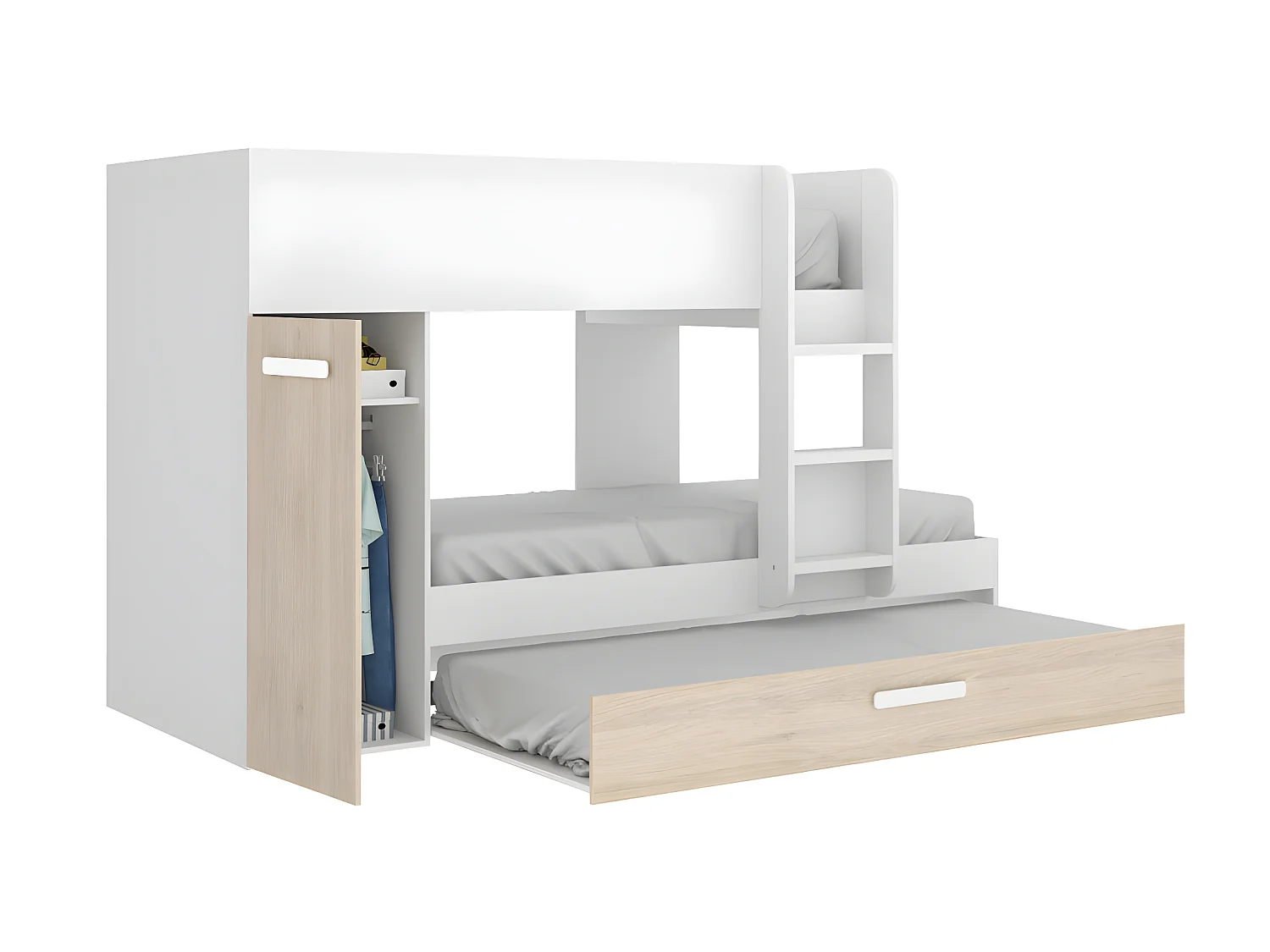Stapelbed met onderschuifbed ANTHONY met opbergruimte 3x90x190cm - Kleuren: Wit en eik + Matras