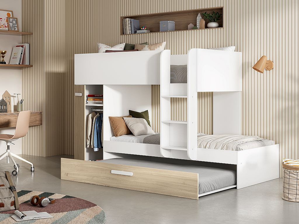 Etagenbett Ausziehbett mit Stauraum + Matratzen - 3x 90 x 190 cm - Weiß & N günstig online kaufen