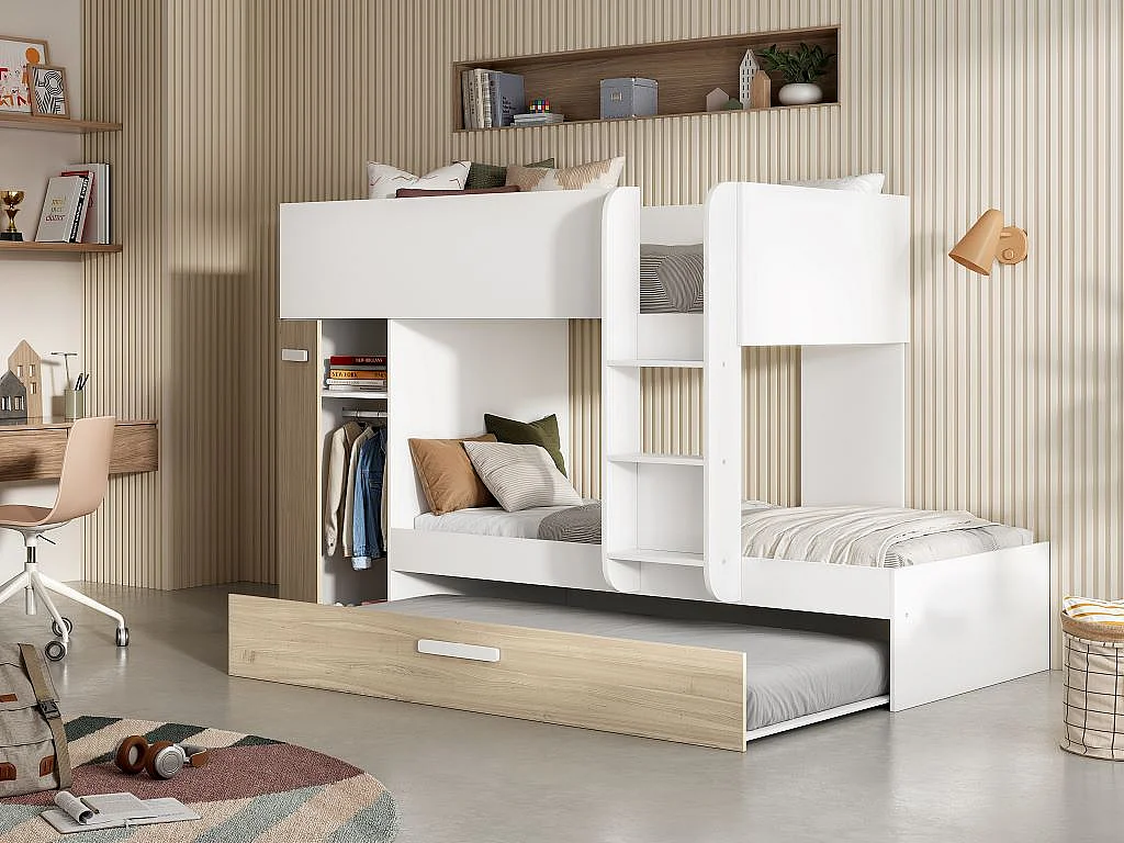 Etagenbett Ausziehbett mit Stauraum + Matratzen - 3x 90 x 190 cm - Weiß & Naturfarben - ANTHONY