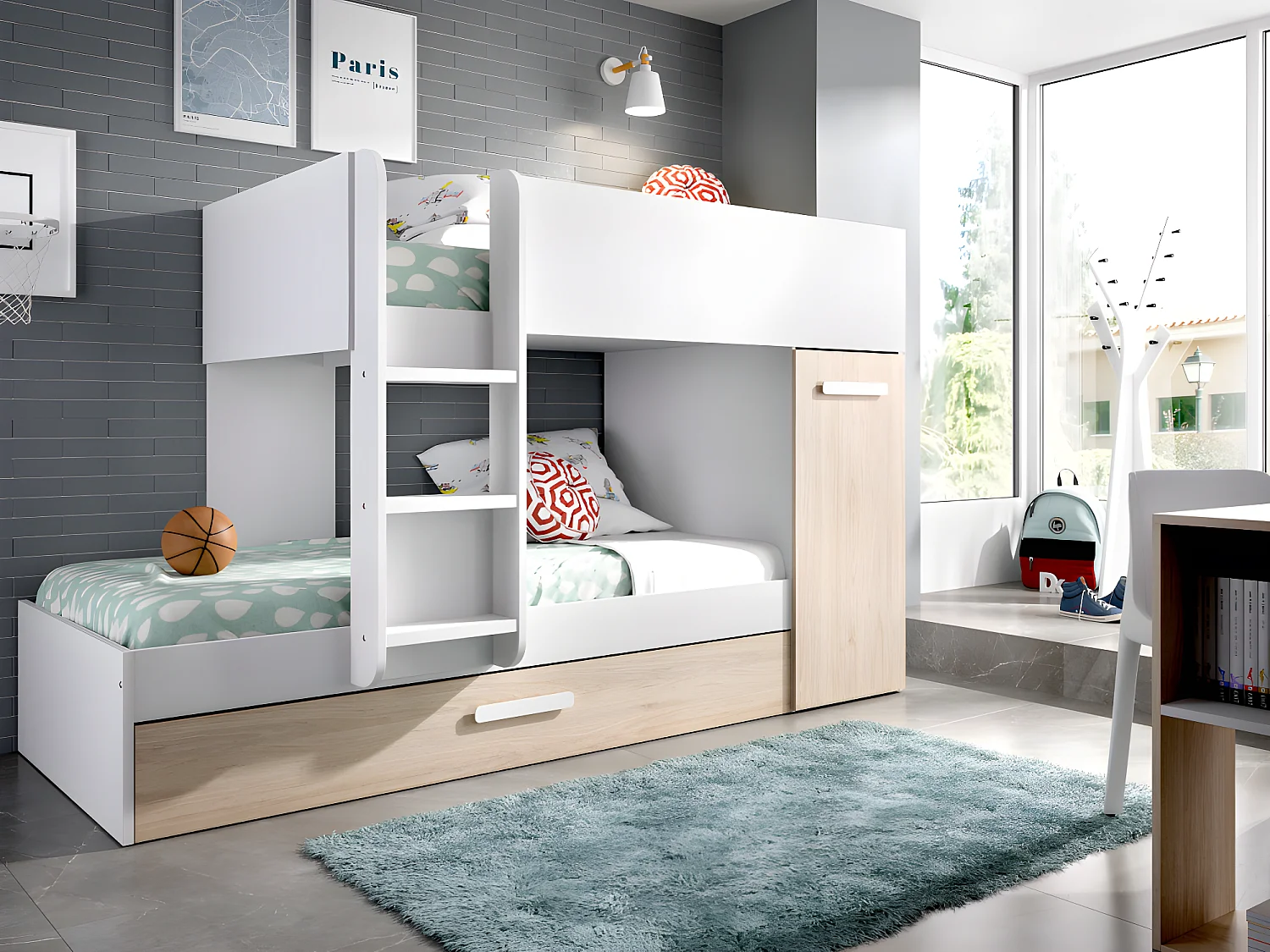 Etagenbett Ausziehbett mit Stauraum + Matratzen - 3x 90 x 190 cm - Weiß & Naturfarben - ANTHONY