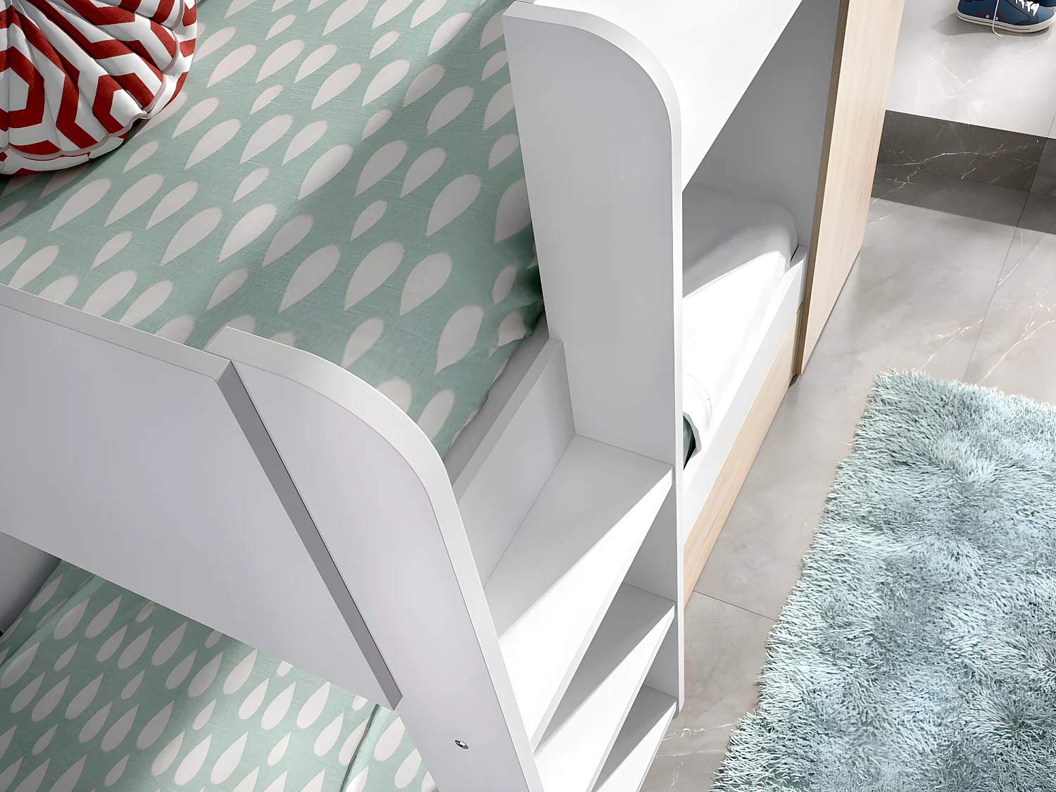 Etagenbett Ausziehbett mit Stauraum + Matratzen - 3x 90 x 190 cm - Weiß & Naturfarben - ANTHONY