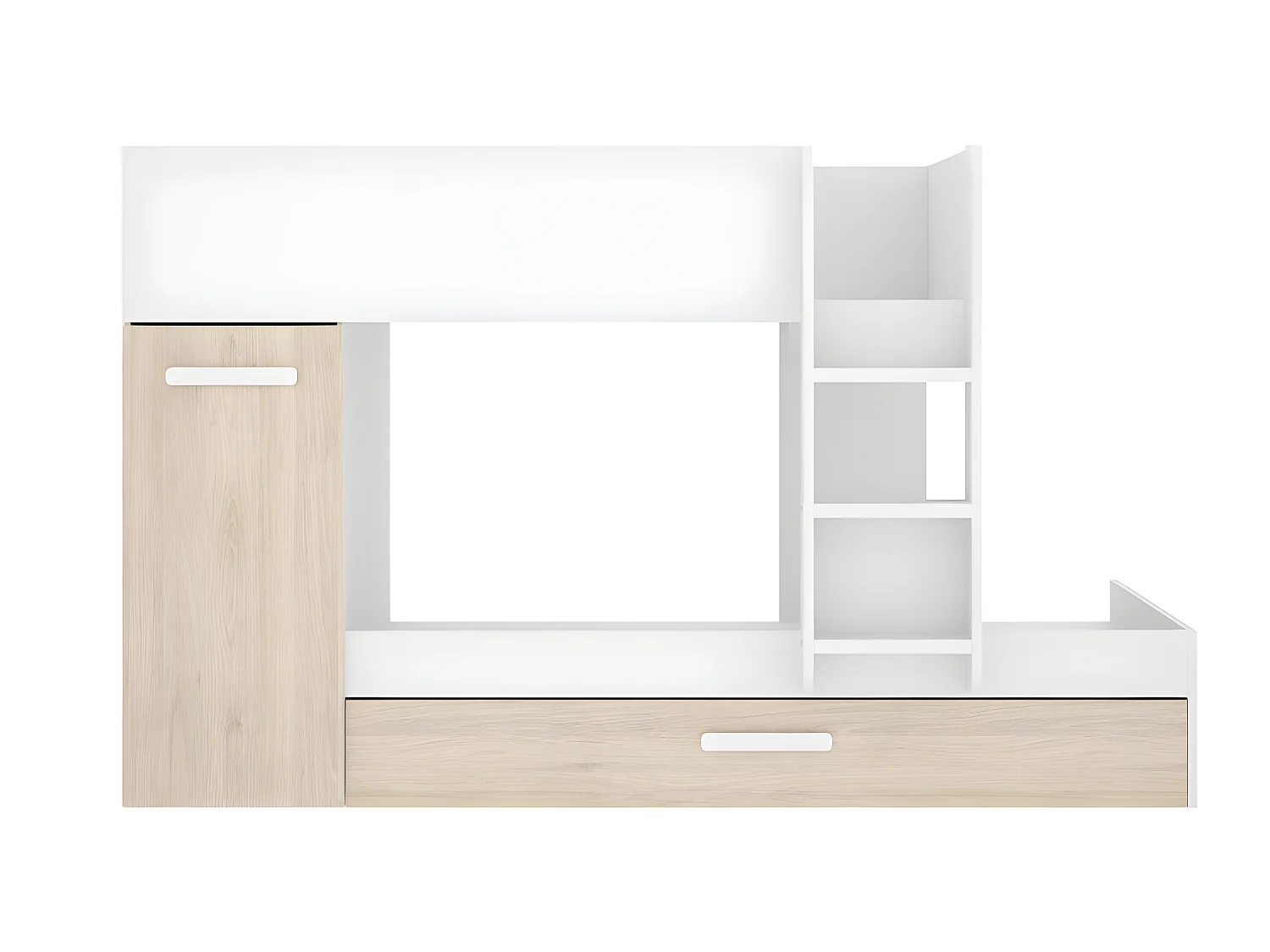 Etagenbett Ausziehbett mit Stauraum + Matratzen - 3x 90 x 190 cm - Weiß & Naturfarben - ANTHONY