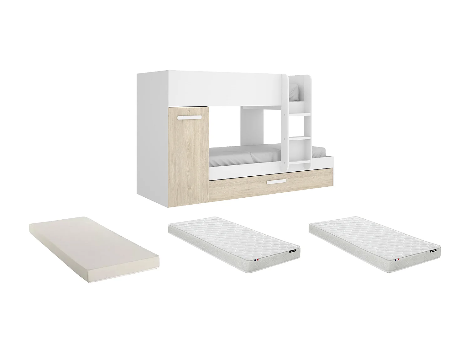 Etagenbett Ausziehbett mit Stauraum + Matratzen - 3x 90 x 190 cm - Weiß & Naturfarben - ANTHONY
