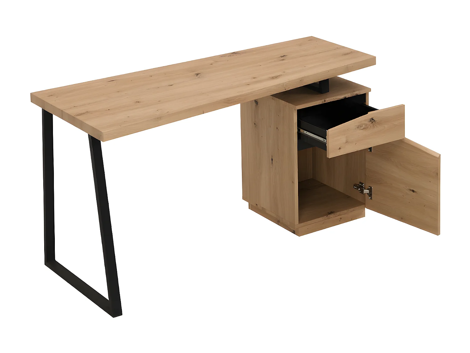 Bureau GOTAMA - 1 lade en 1 deur - Mdf en staal - Eikenkleur en zwart