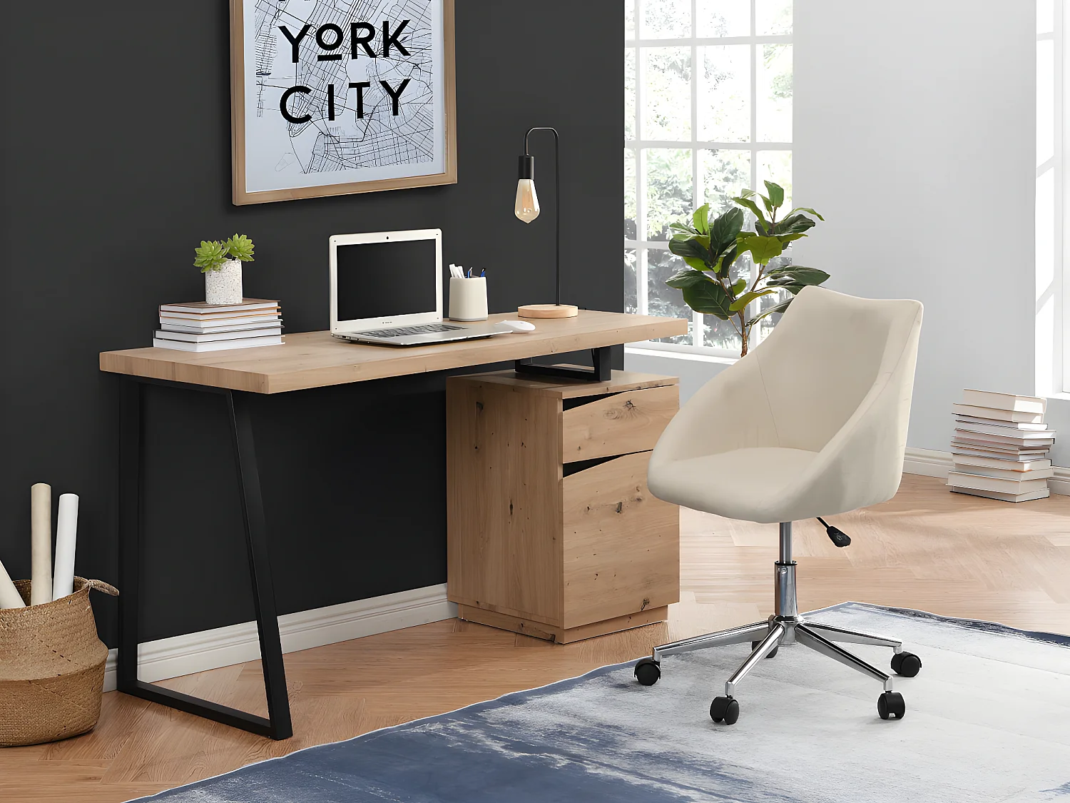 Bureau GOTAMA - 1 lade en 1 deur - Mdf en staal - Eikenkleur en zwart