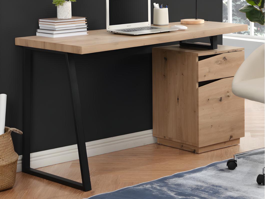 Bureau GOTAMA - 1 lade en 1 deur - Mdf en staal - Eikenkleur en zwart