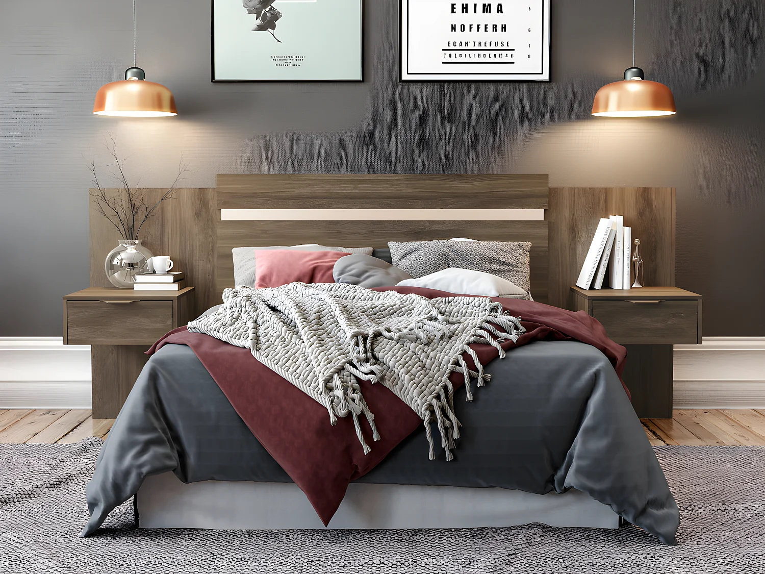 Tête de lit extensible avec chevets  - 140/160 cm - Marron - PARATI