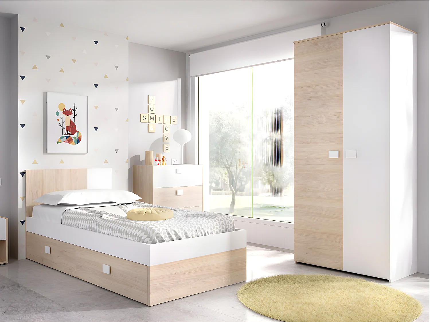 Lit gigogne 2 x 90 x 190 cm - Coloris : Naturel et blanc + matelas + sommier - SONIA