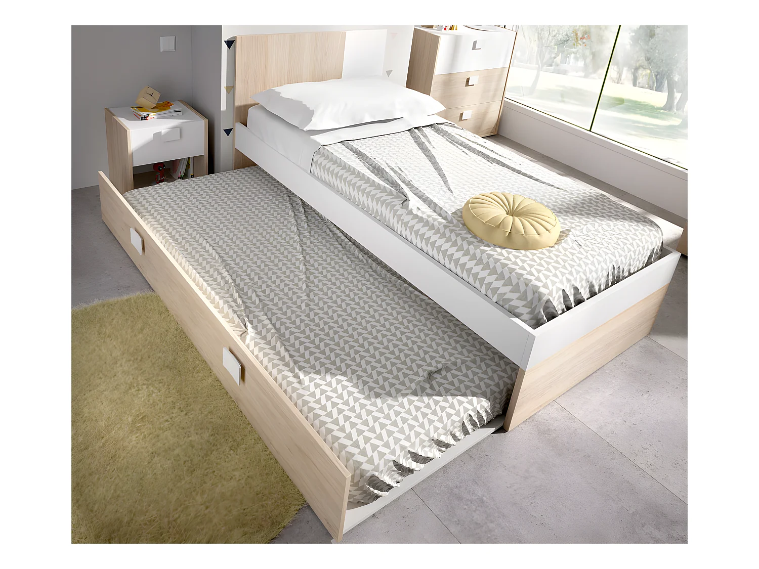 Uitrschuifbed met lattenbodem - 2 x 90 x 190 cm - Kleuren: eiken en wit + matras - SONIA