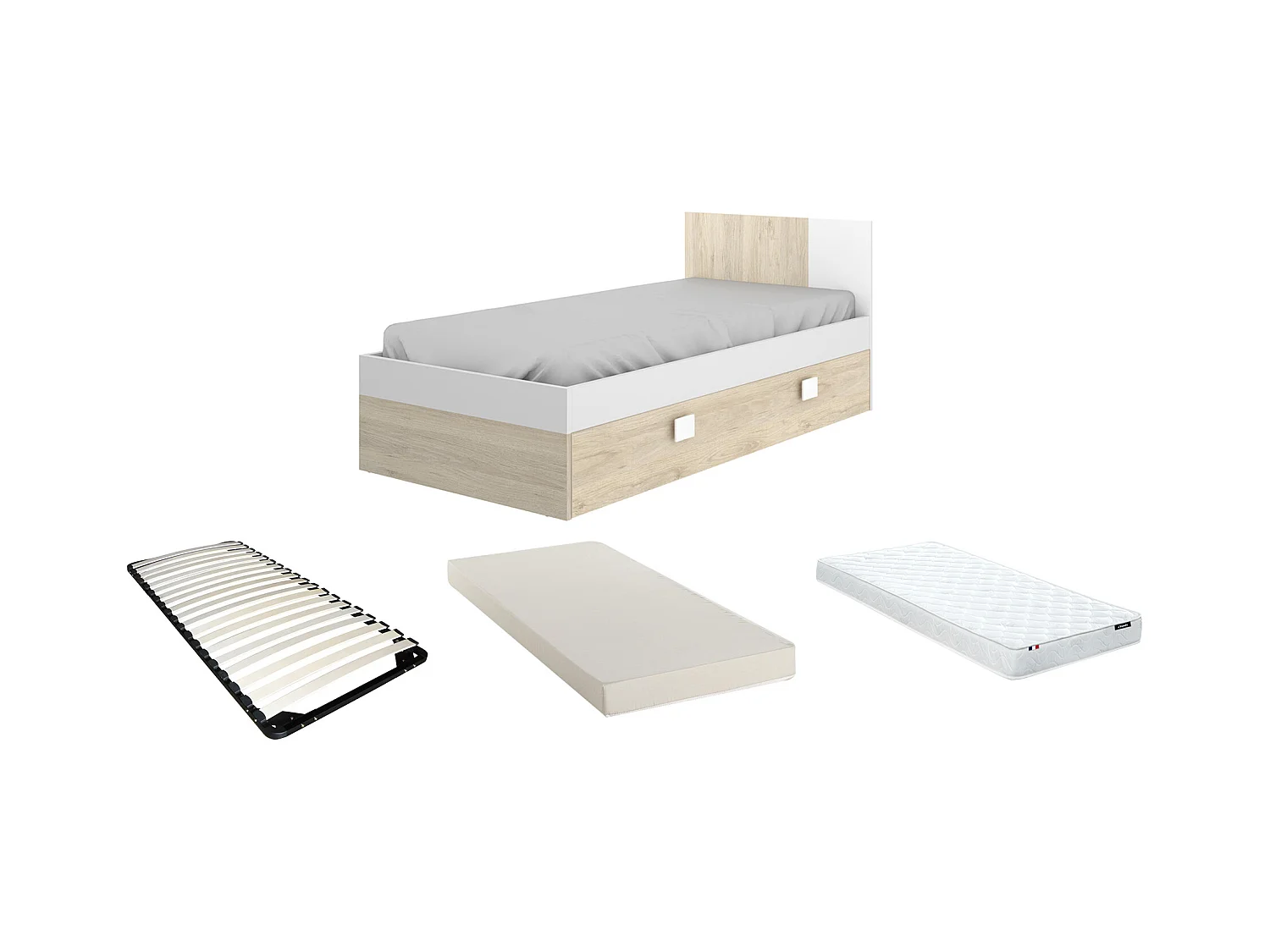 Uitrschuifbed met lattenbodem - 2 x 90 x 190 cm - Kleuren: eiken en wit + matras - SONIA