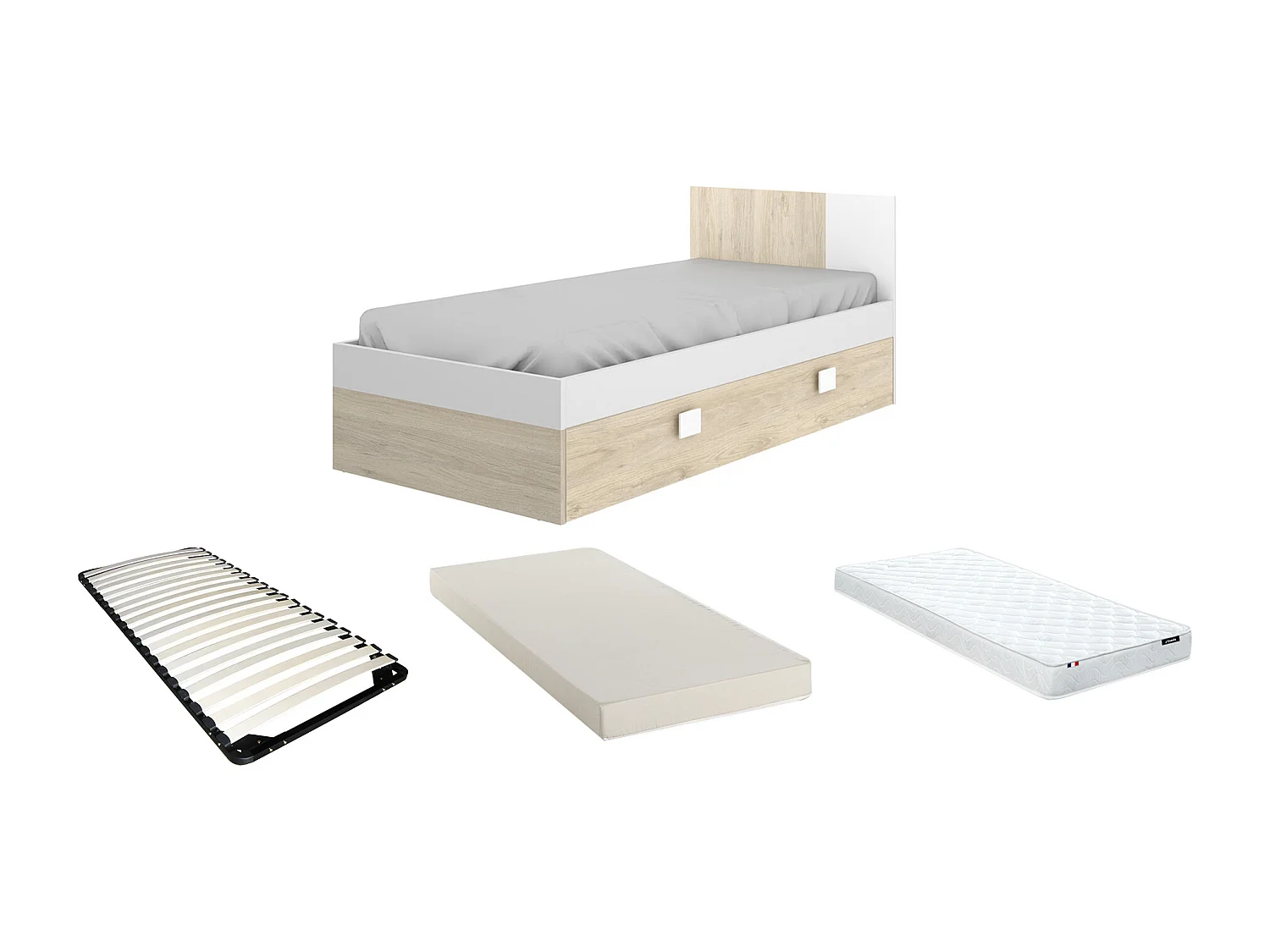 Lit gigogne 2 x 90 x 190 cm - Coloris : Naturel et blanc + matelas + sommier - SONIA