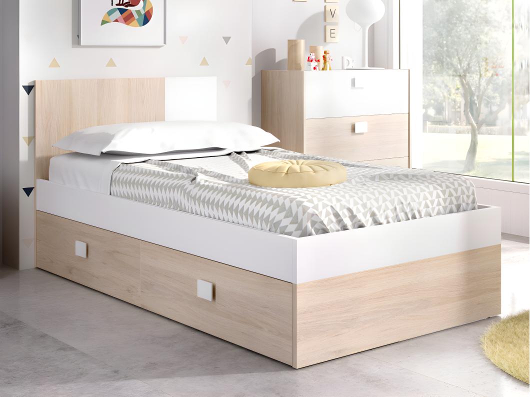 Lit gigogne 2 x 90 x 190 cm - Coloris : Naturel et blanc + matelas + sommier - SONIA