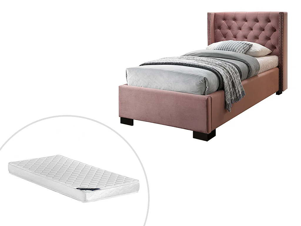 Lit MASSIMO tête de lit capitonnée - 90 x 200 cm - Velours rose + matelas