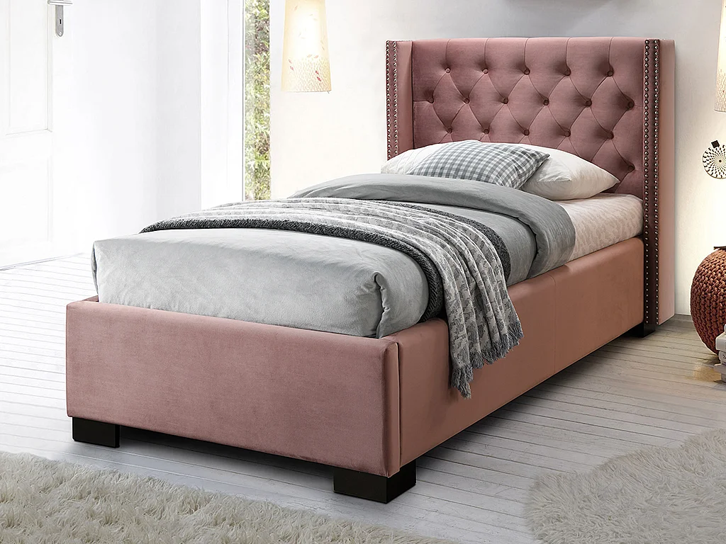 Lit MASSIMO tête de lit capitonnée - 90 x 200 cm - Velours rose + matelas