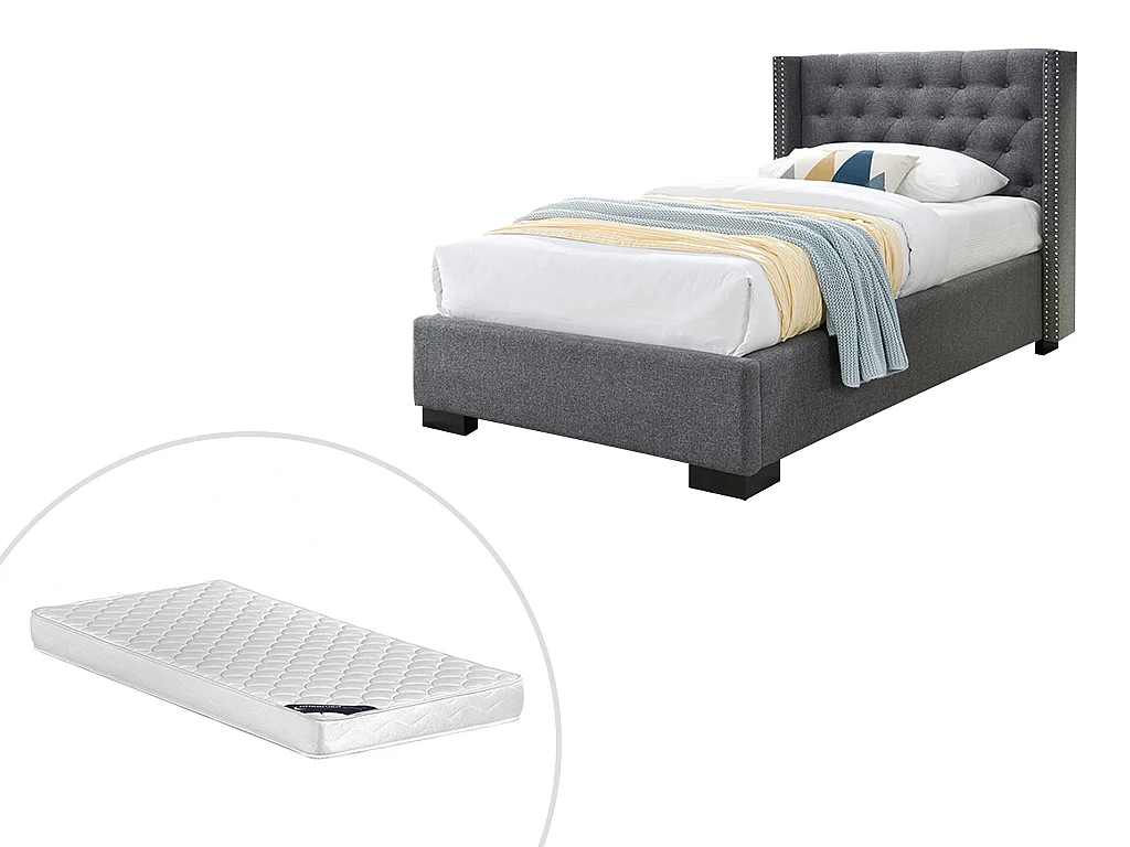 Bed MASSIMO met gestoffeerde hoofdeinde - 90x200cm - Grijze stof - Met matras