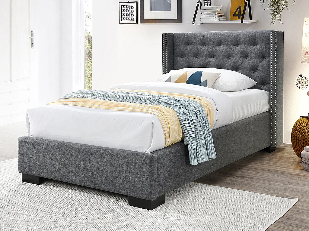 Bed MASSIMO met gestoffeerde hoofdeinde - 90x200cm - Grijze stof - Met matras