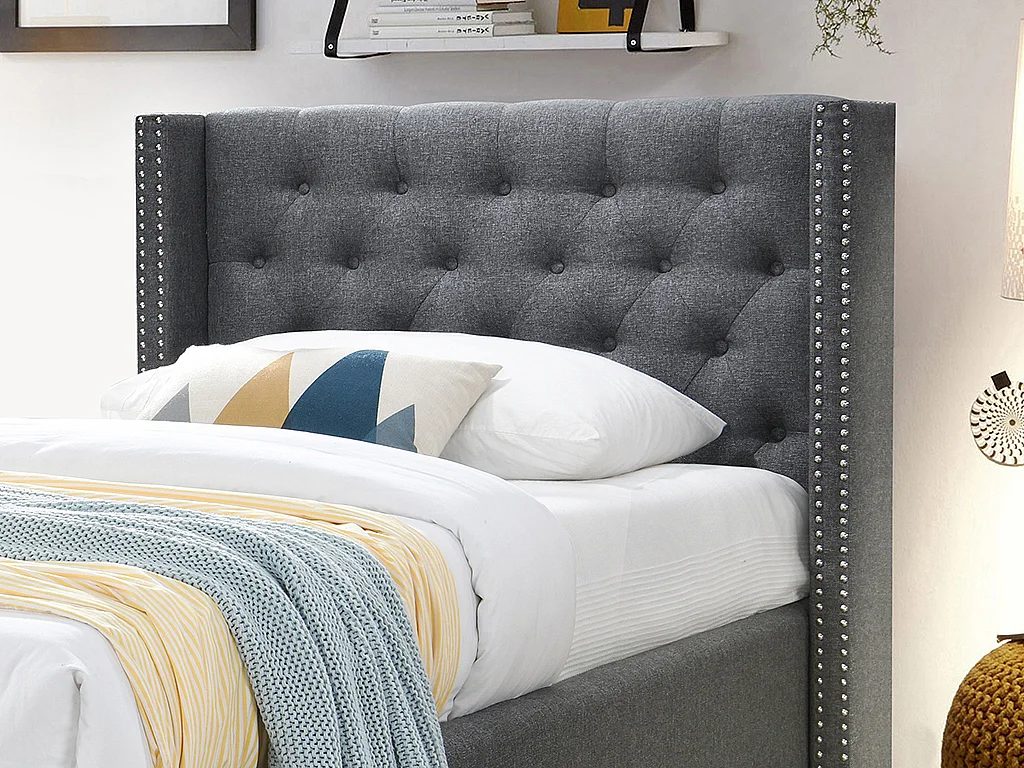 Bed MASSIMO met gestoffeerde hoofdeinde - 90x200cm - Grijze stof - Met matras