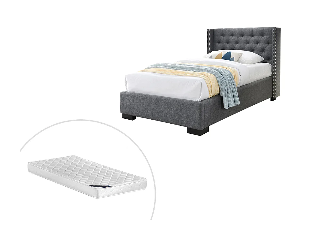 Bed MASSIMO met gestoffeerde hoofdeinde - 90x200cm - Grijze stof - Met matras