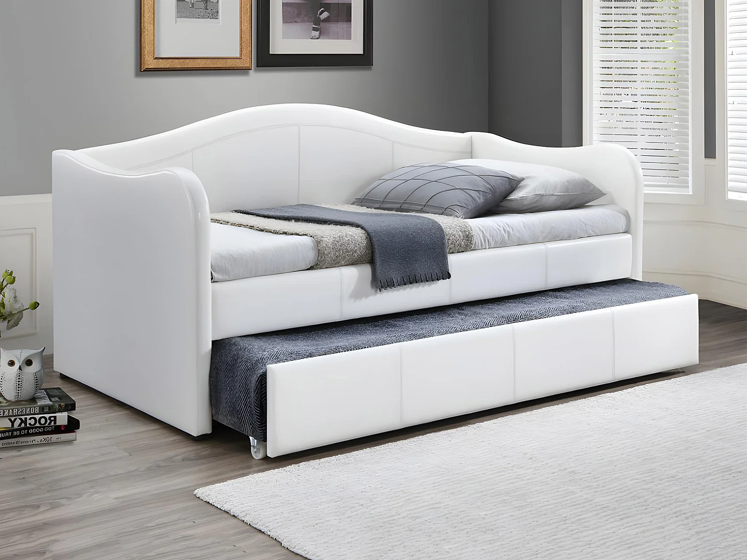 Lit banquette gigogne MATHILDE - 2 x 90 x 190 cm - Simili - Blanc + matelas