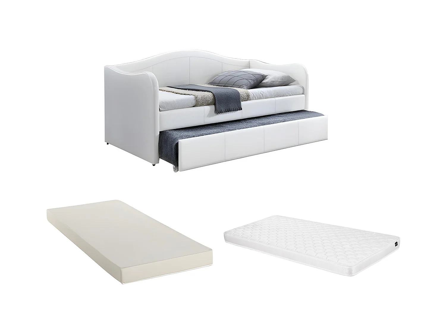 Lit banquette gigogne MATHILDE - 2 x 90 x 190 cm - Simili - Blanc + matelas