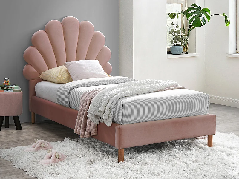 Bed met hoofdeinde in schelpvorm90x190 cm - Fluweel - Roze - Met matras - MOANA