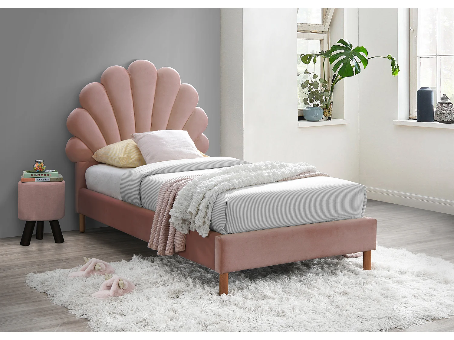 Bed met hoofdeinde in schelpvorm90x190 cm - Fluweel - Roze - Met matras - MOANA